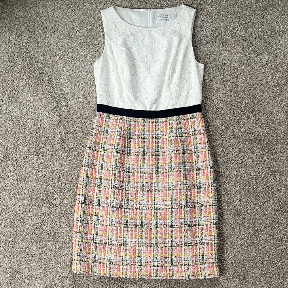 EUC Trina Turk made USA white lace bodice and multi boucle skirt sz4 QUALITY - Picture 2 of 10